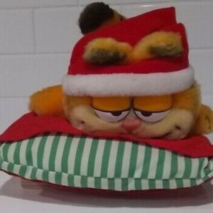 Vintage Plush Garfield With Santa Hat on a Pillow